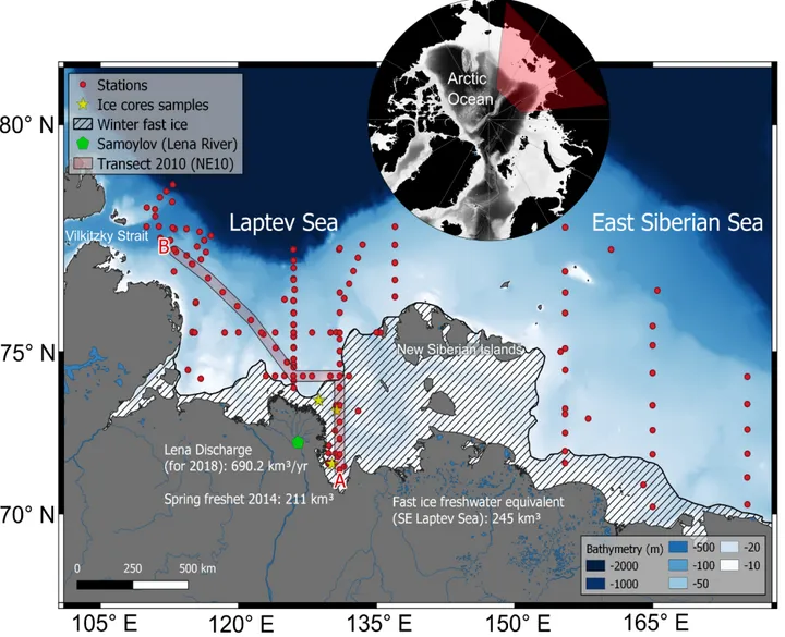 Figure 1. Map of the Laptev and East Siberian Seas and station distribution during the ship-based expeditions in summers 2010,  2011, 2013, 2014, 2018, and 2019