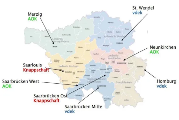 Abbildung 11:  Regionale  Verteilung  und  Trägerschaft  der  Pflegestützpunkte  im  Saarland (Stand 2018) 