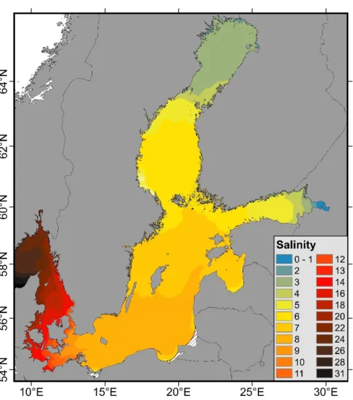 Figure 1. Five-year average (2015–2019) of the sea surface salinity (1.5 m) indicating the extended  salinity gradient of the Baltic Sea, obtained from hydrodynamic modelling (data from Lehmann et  al