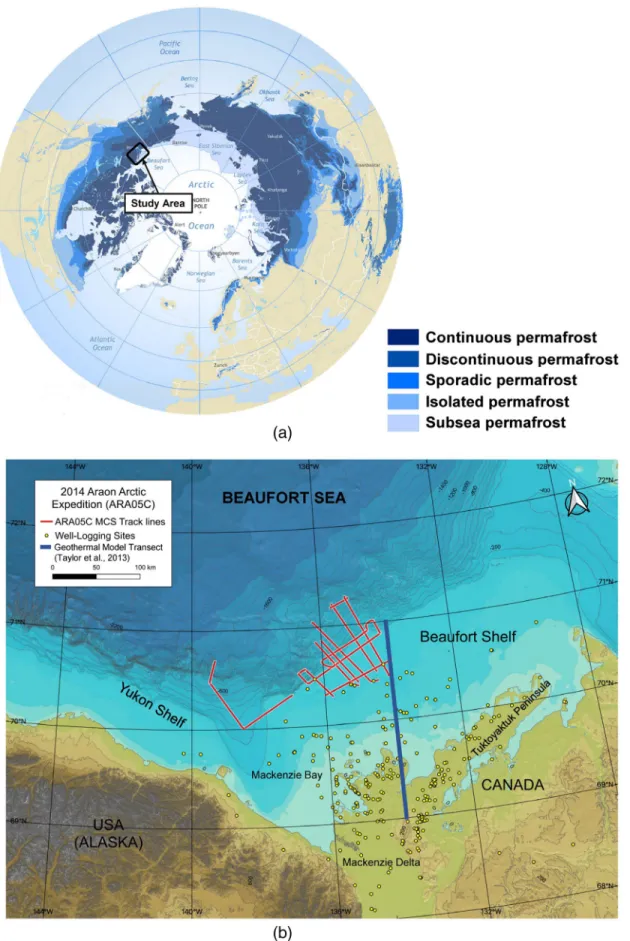Figure 1.  The map of the study area: (a) is a Circum-Arctic map of permafrost distribution (modified from Brown et al., 1997), and (b) is the map of our study  area in the southern CBS in the 2014 ARAON Arctic expedition.
