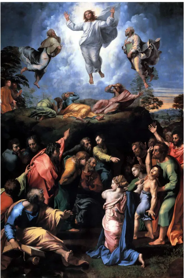 Abbildung  1: Raffaels letztes Gemälde „Transfiguration“ (1516 – 20, Vatikanische Museen) verbindet die Verklärung Christi auf dem Berg Tabor mit der Heilung des mondsüchtigen Knaben.
