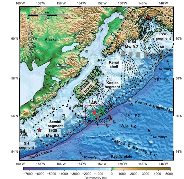 Figure 1. Bathymetric overview map of the Alaska subduction zone. Red stars denote epicenters of the 1964 giant and  1938 great Alaska subduction earthquakes; annotated Mw indicates earthquake moment magnitudes; and bold, black  dashed lines encircle their