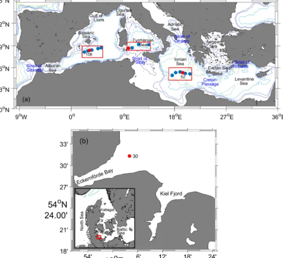 Figure 3. Locations of sampling sites from (a) cruise MSM72 in the Mediterranean Sea in three areas: southern Ionian Sea (SIS), Tyrrhenian Sea (TS), and western Mediterranean Sea (WMS), as well as (b) cruise AL516 in the Baltic Sea