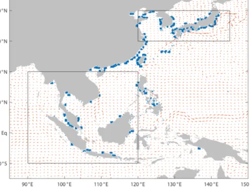 Figure 2. Initial position of particles in East and Southeast Asia (blue dots). NEMO-ORCA0083 ocean currents from the initialisation time in January 2005 (red arrows); the two boxes mark the regions referred to as tropics and subtropics as described in Sec