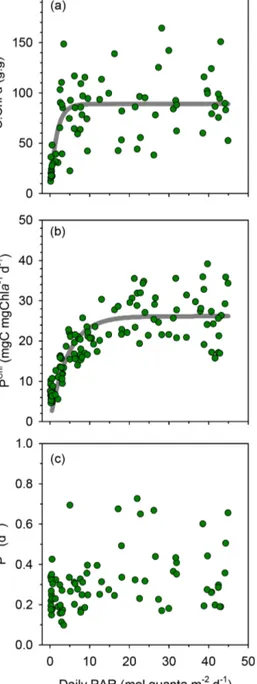 Figure 5. Vertical variability of the ratio of fucoxanthin to total chlorophyll a concentration in the three long stations