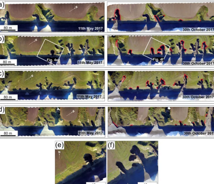 Figure 4. (a–d) Orthophotographs of the study area at the start and end of the UAV surveys, ordered from southwest to northeast