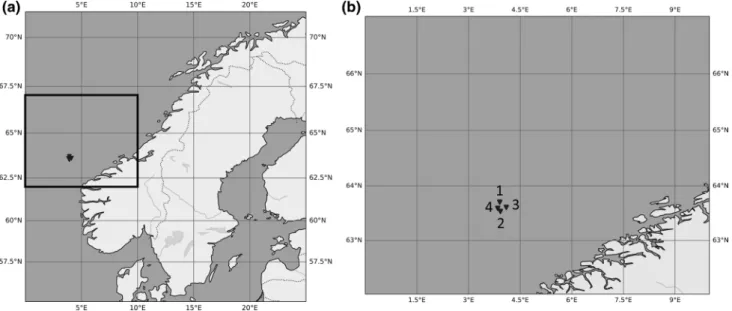 Fig. 1    a The study area in the Norwegian Sea and b the four locations where PELAGIOS deployments were performed during HE518 indicated  by black triangles