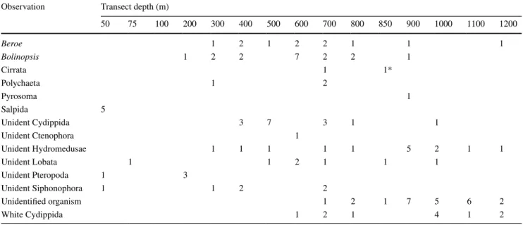 Table 4    Pooled counts per transect depths of the rare taxa Cirrata, Polychaeta, Pyrosomatida and Salpida
