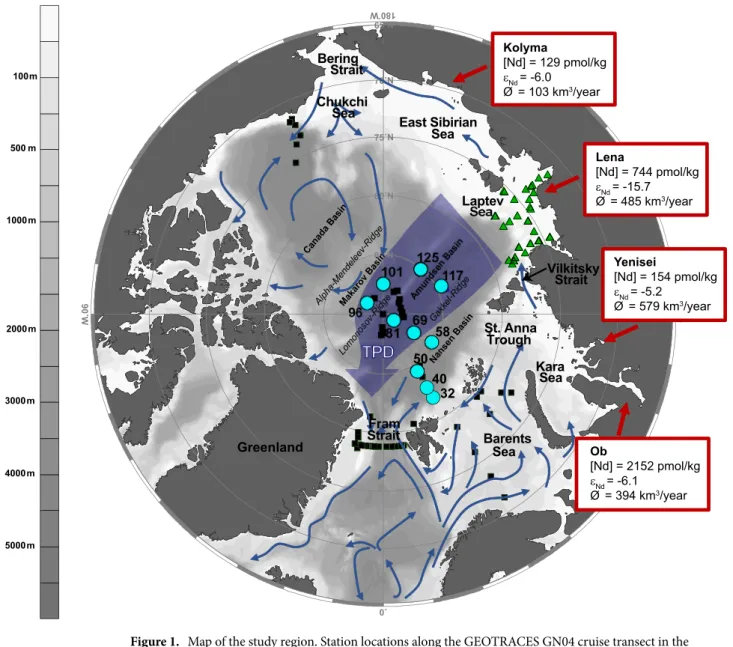 Figure 1.  Map of the study region. Station locations along the GEOTRACES GN04 cruise transect in the  central Arctic Ocean as turquoise dots