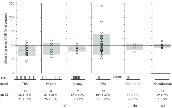 Figure 4: Synopsis of plasticity experiments. SBS plasticity is NMDAR-dependent. Bottom: temporal sequence of induction protocol, number of experiments, average long-term plasticity (mean LT), and average efficiency of long-term plasticity induction (ΔLT, 