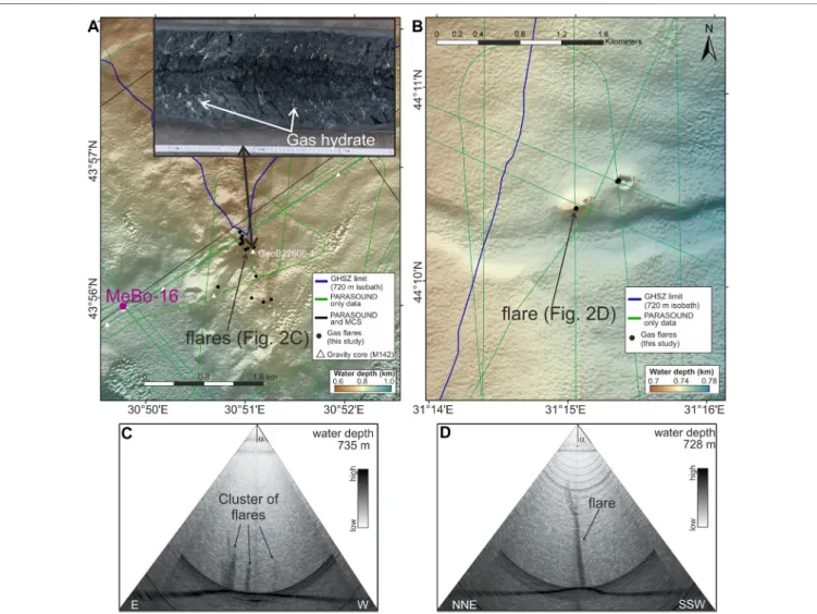 FIGURE 2 | Example of two sites with gas hydrate recovery investigated during M142: (A) Site close to drill site MeBo-16 with gas hydrate recovered in gravity core (station GeoB22606–1, inset image) and (B) site of two mud volcanoes, 500–800 m west of the 