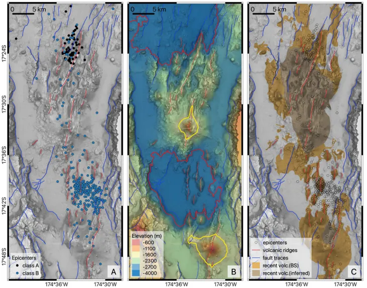 Figure 6.  Distribution of microseismicity, elongated volcanic features and recent lava flows at the seafloor inside the S-FRSC