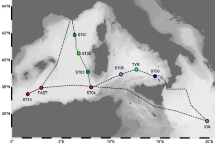 Figure 1. Sampling sites. Color codes on dots correspond to the plots in Fig. 2.