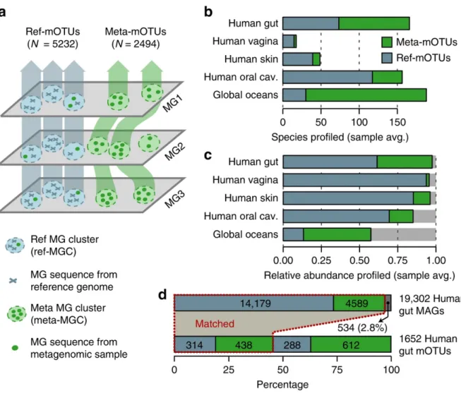 Figure 2.1: Construction of marker gene-based OTUs (mOTUs) for metagenomic profiling. (a)  Schematic  illustration  of  the  mOTUs  concept  (Online  Methods)