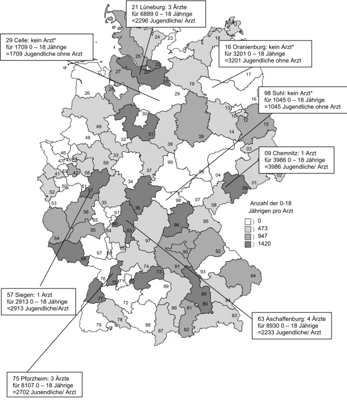 Abbildung 3  Anzahl der 0 – 18-jährigen Versicherten pro Kinder- und Jugend- Jugend-psychiater nach zweistelligen Postleitzahlregionen (2002) 