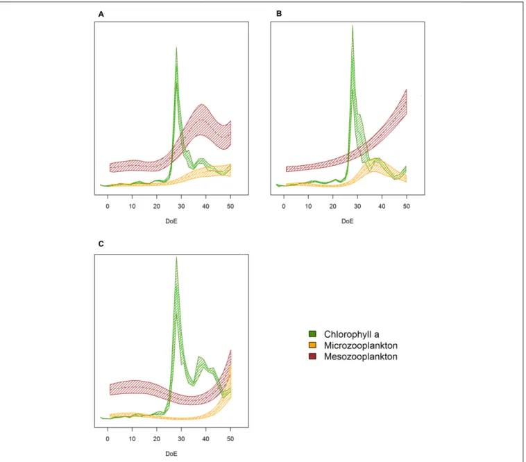 FIGURE 8 | Plankton succession trends. (A) Low-pCO 2 treatment, (B) medium- pCO 2 treatment, (C) high- pCO 2 treatment