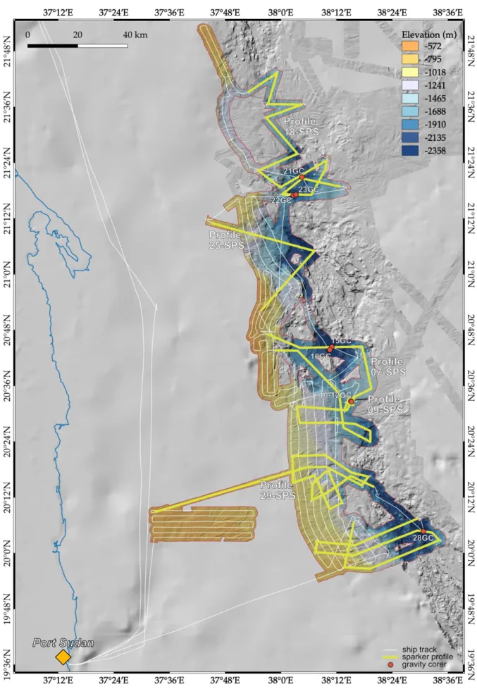 Fig. 4.1  Overview map of the cruise track, bathymetric mappings, sparker seismic profiles and gravity coring stations  during expedition 64PE-445 SaltAx