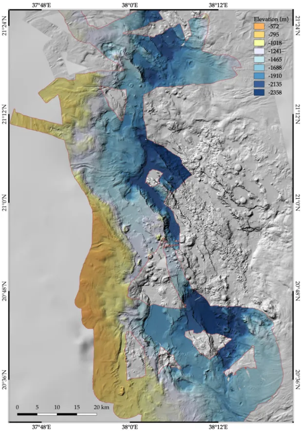 Fig. 5.5    The map shows the processed bathymetry (30 m grid cell size) of the northern parts of the working  area, with salt glacier flows and large terraces
