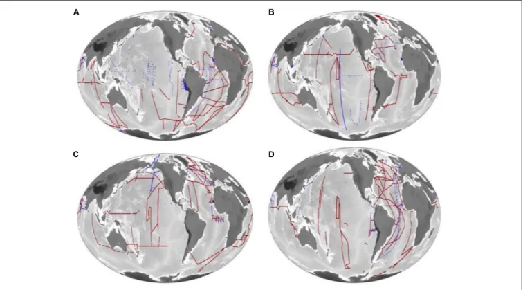 FIGURE 1 | Maps of the distribution of N 2 O measurements in (A) December, January, February; (B) March, April, May; (C) June, July, August and (D) September, October, November