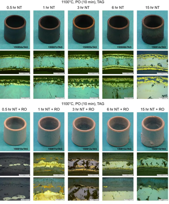 Fig 3.6 Post-test macro- and micrographs of the tests at 1100°C from Setaram TAG  system 