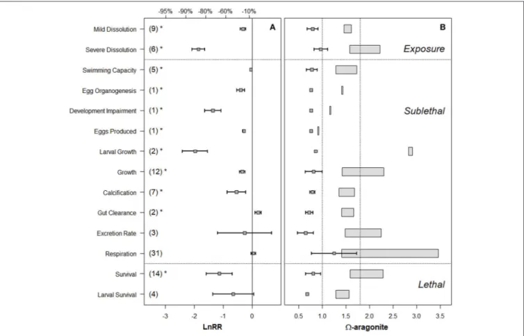 FIGURE 3 | (A) Forest plot of  ar effect on various biological processes across exposure response, sublethal, and lethal responses in pteropods