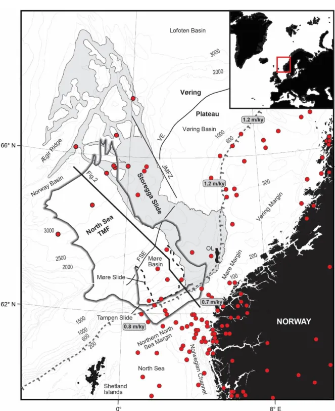 Fig. 1. The Norwegian continental margin with outline of identified submarine slides and the North Sea  997 