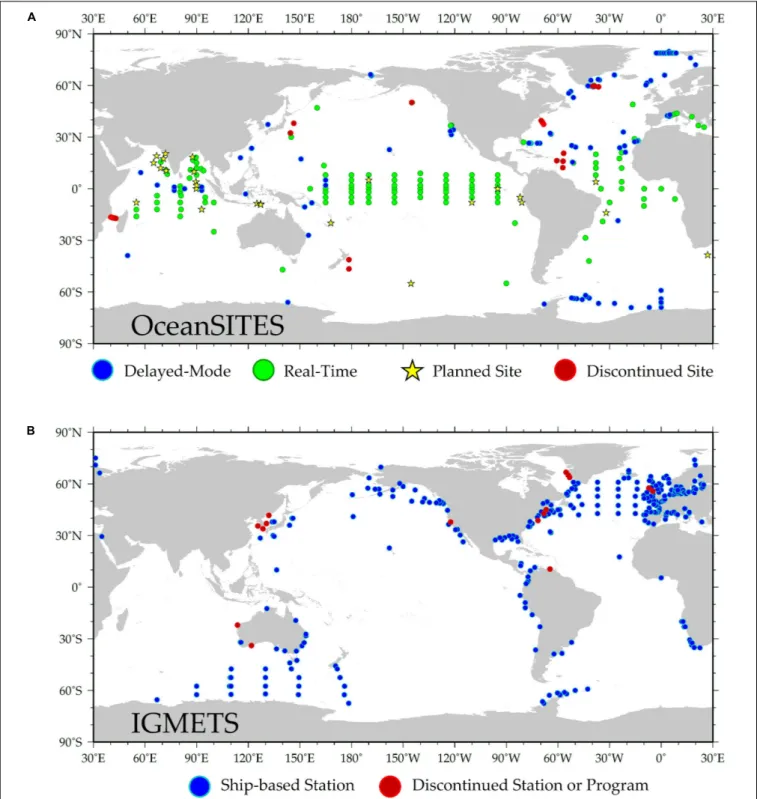 FIGURE 7 | (A) Map of predominantly autonomous ocean observing assets that make up the OceanSITES network (http://www.oceansites.org/)