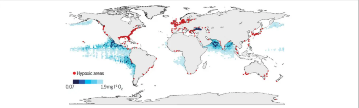 FIGURE 3 | Global map of low and declining O 2 levels in the open ocean and coastal waters from Breitburg et al