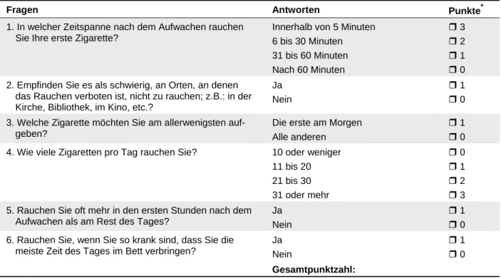 Tabelle 4: Der Fagerström-Test zur Erfassung der Stärke der körperlichen Tabakabhängigkeit   (FTND-d; Schumann et al., 2002) 