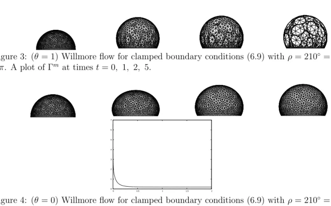 Figure 3: (θ = 1) Willmore flow for clamped boundary conditions (6.9) with ρ = 210 ◦ = 7 6 π