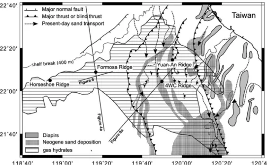 Figure 2. Geological map of the study area SW off Taiwan. The westernmost thrust fault marks the deformation front.