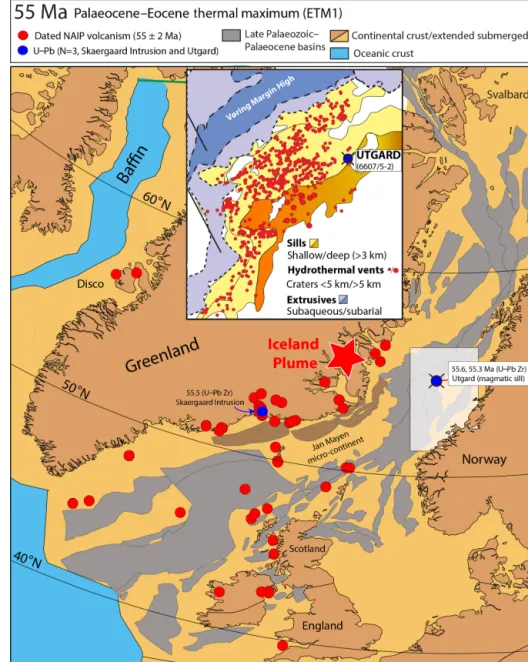 Figure 2. Reconstruction of the northeast Atlantic at 55 Ma with the distribution of dated (57–53 Ma) onshore and offshore sample locations (red filled circles) for the North Atlantic Igneous Province, the location of the Iceland Plume with respect to Gree
