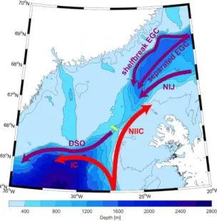 Figure 7.  Map of the Denmark Strait and the location of the mooring array at the sill (yellow line)