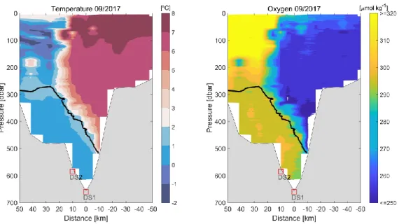 Figure 8.  Sections of temperature (left) and oxygen (right) obtained during the Pelagia cruise 64PE426 in September 2017