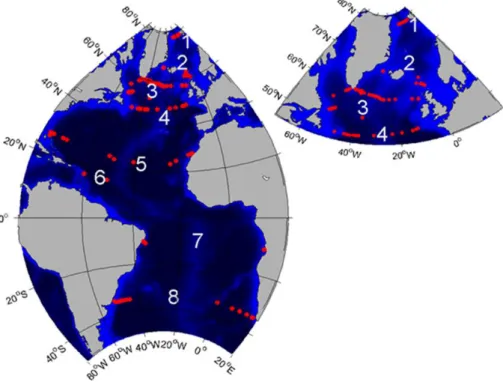 Figure 1.    Overview map of the AtlantOS Transport Mooring Arrays (TMAs): 1. Fram Strait, 2