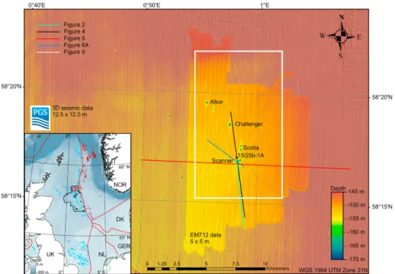 Figure 1. Bathymetric grid of the Witch Ground Basin, central North Sea. The shown bathymetry is a compilation of 3 ‐ D re ﬂ ection seismic data (converted with 1,500 m/s constant velocity, 12.5 × 12.5 m lateral resolution) and EM712 (5 × 5 m lateral resol