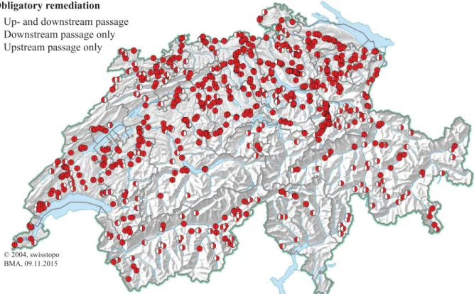 Fig. 1.1: Barriers in Swiss rivers which are subject to obligatory remediation for up- and downstream passage (adapted from Bammatter et al., 2015)