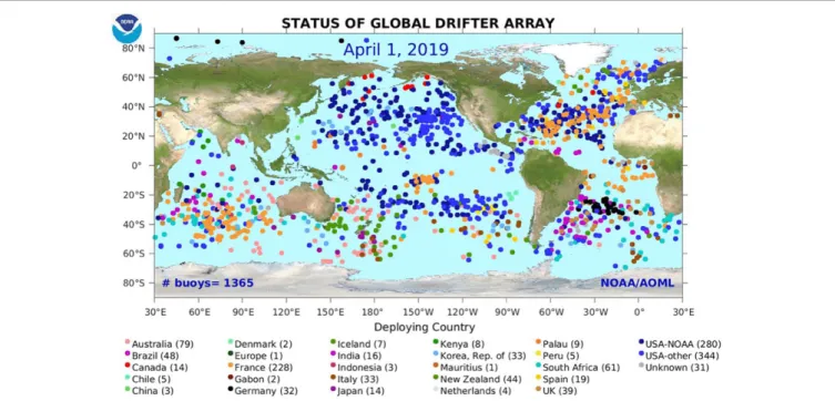 FIGURE 1 | Location of SVP drifters forming the GSDA array, color coded by deploying country.