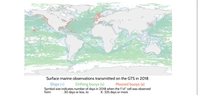FIGURE 4 | Data coverage by the three major components of GOS (i.e., ships, drifting buoys, and moored buoys) based on information received by Météo-France through the GTS in 2018 (see legend for symbol details).