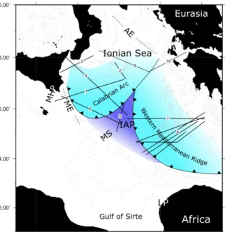 Figure 8. Dark blue marks the presence of oceanic lithosphere be- be-low the sea floor in the Ionian Abyssal Plain (undeformed portion) as determined by seismic studies