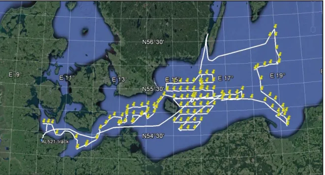 Figure 3.1 Cruise track of AL521, with stations indicated by yellow pins (Map produced in Google Earth)
