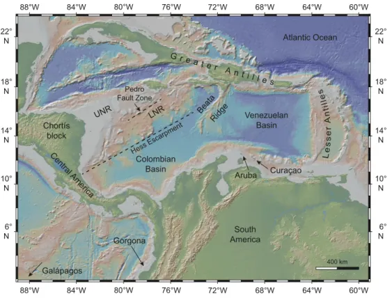 Fig.  1.1  Overview  map  of  the  Caribbean  Region  including  Central  and  South  America,  the  Greater  and  Lesser  Antilles  and  the  structural  highs  and  basins  of  the  Caribbean  Sea