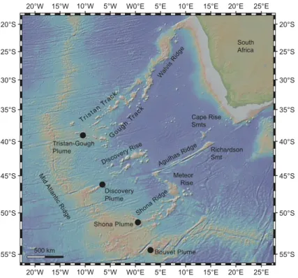 Fig.  1.2  Overview  map  of  the  South  Atlantic  Ocean  showing  the  assumed  locations  of  the  Tristan-Gough, Discovery, Shona and Bouvet mantle plumes and their associated hotspot tracks