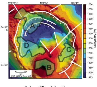 Figure F5. Apparent magnetization map of Brothers volcano showing reduced crustal magnetization over four areas that include five  hydrother-mal vent sites