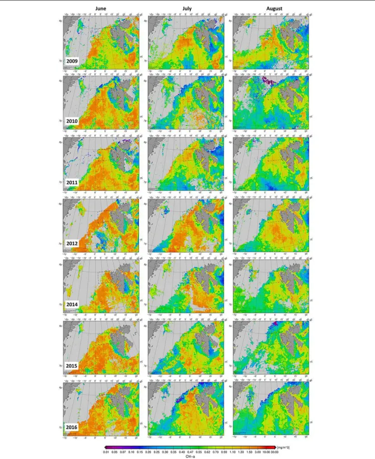 FIGURE 3 | Spatial variability of satellite derived Chl-a concentration (mg m −3 ) in the Fram Strait during summer months (June–August) when sampling has been conducted