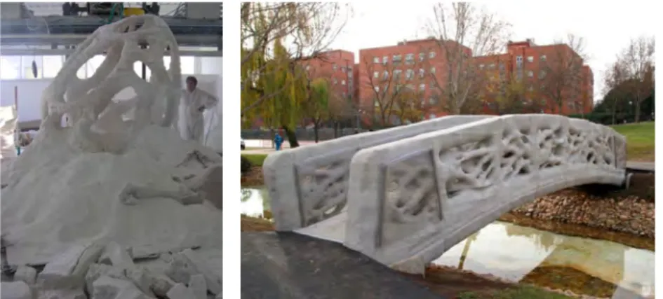 Figure 21. Left: D-shape process. Right: A 3D printed footbridge realized in collaboration between D-Shape and  IAAC, Barcelona [114]
