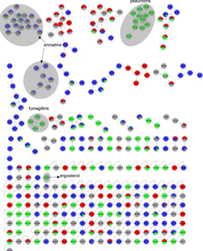 Figure S 6 . Annotated molecular network for strain 35 (Cadophora malorum) liquid culture extracts in  PDM-L (blue), Cza-L (red), SYM-L (green), WM-L (grey)