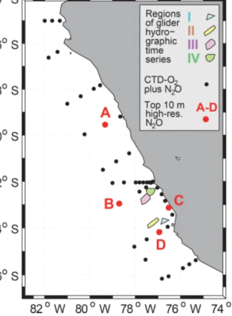 Figure 1. Locations of sample stations and glider time series off the coast of Peru, December 2012 to February 2013