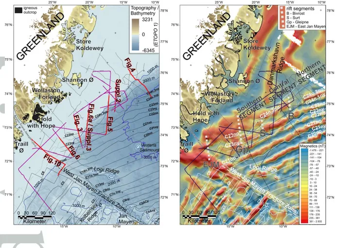 Figure  2:  Location  of  geophysical  data  offshore  NE  Greenland  shown  on  the  bathymetric  map  (left)  and  on  magnetic  anomaly  map  (right)