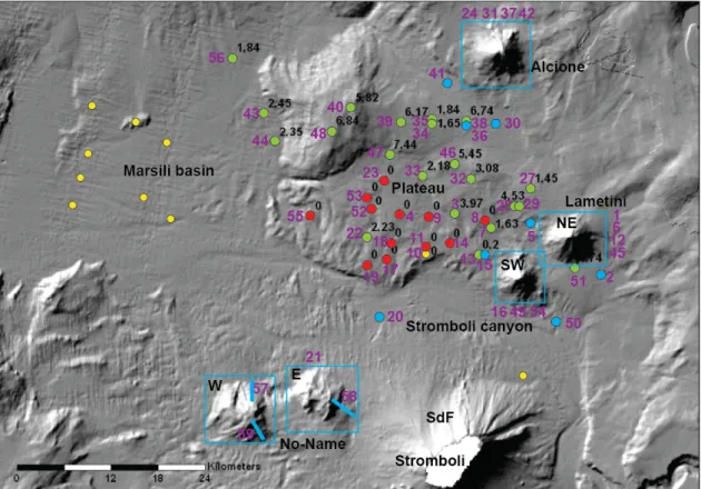 Fig. 3: Map of stations. Violet station numbers refer to 4.2. Blue boxes are bathymetric mapping areas  each  comprising  several  stations